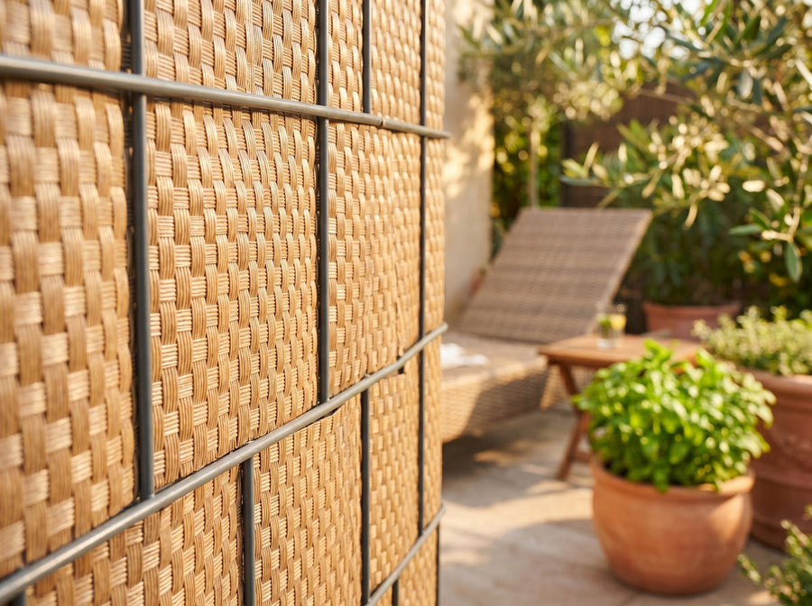 Sichtschutzstreifen RATTA in Rattan-Optik an Doppelstabmattenzaun, Terrasse im Hintergrund