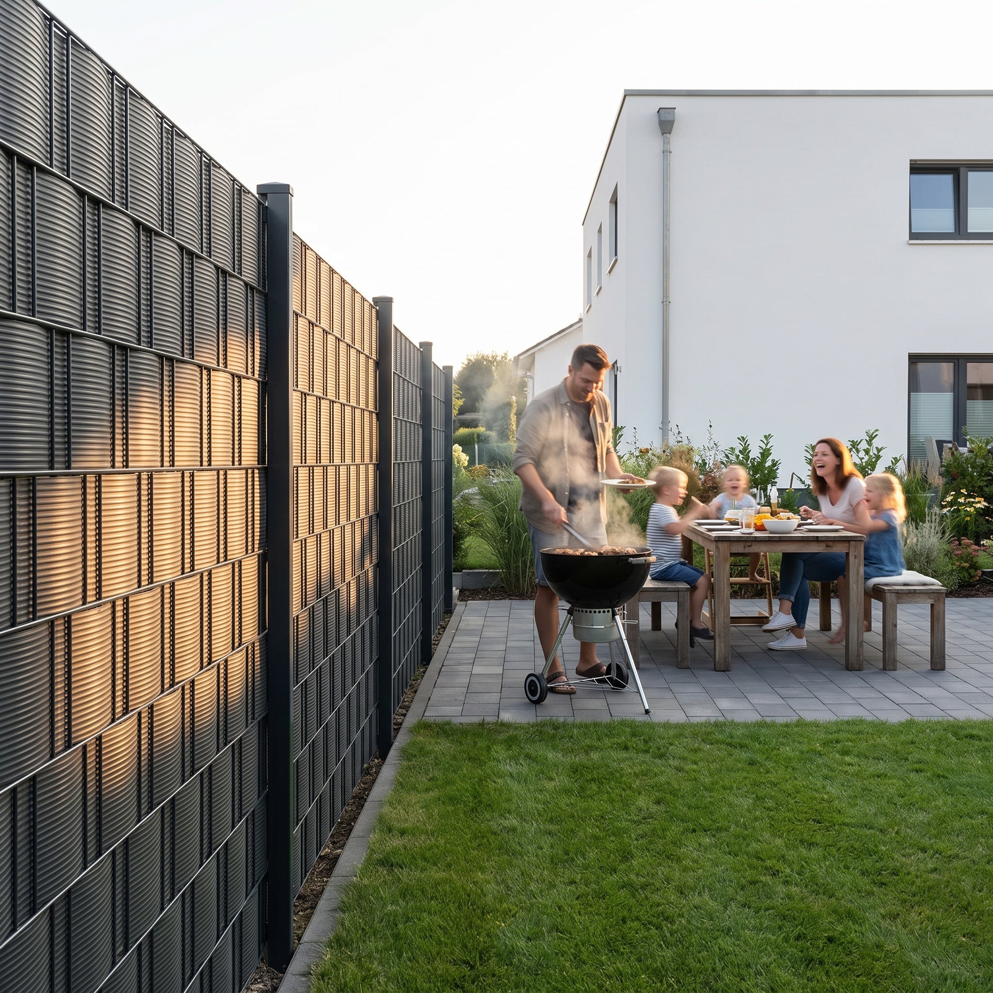 Familie im modernen Garten hinter Doppelstabmattenzaun mit RAYA Sichtschutzstreifen in RAL 7016 Anthrazit