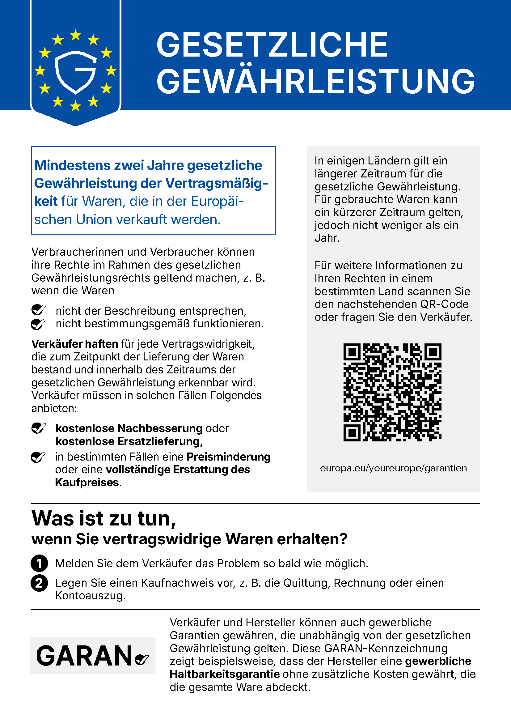 EU-Mitteilung: Mindestens zwei Jahre gesetzliche Gewährleistung der Vertragsmäßigkeit für Waren, die in der Europäischen Union verkauft werden.